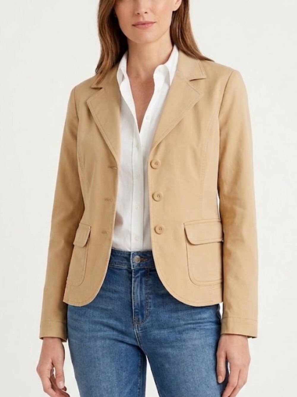 Talbots Tan Stretch Cotton Blazer 3 Button Casual Preppy Jacket Size 8